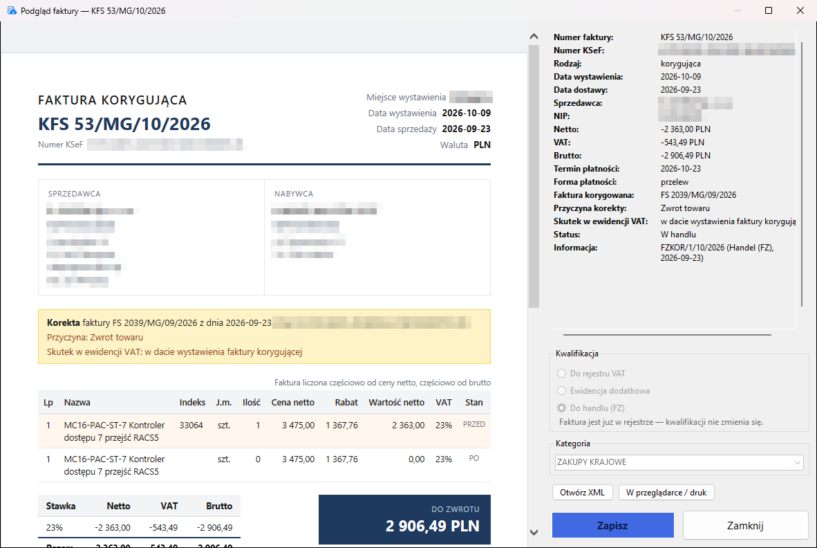 Podgląd faktury korygującej w OptiKSeF: wizualizacja faktury z informacją o korygowanej fakturze, przyczynie korekty i pozycjach przed i po korekcie, obok panel danych faktury z kwalifikacją i kategorią