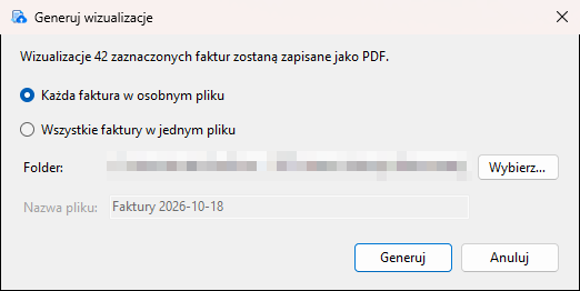 Okno generowania wizualizacji PDF: wybór zapisu każdej faktury w osobnym pliku albo wszystkich w jednym pliku oraz folderu