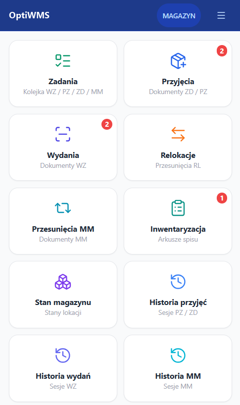 Ekran główny aplikacji OptiWMS na kolektorze danych — kafelki: Zadania, Przyjęcia, Wydania, Relokacje, Przesunięcia MM, Inwentaryzacja, Stan magazynu oraz historie operacji
